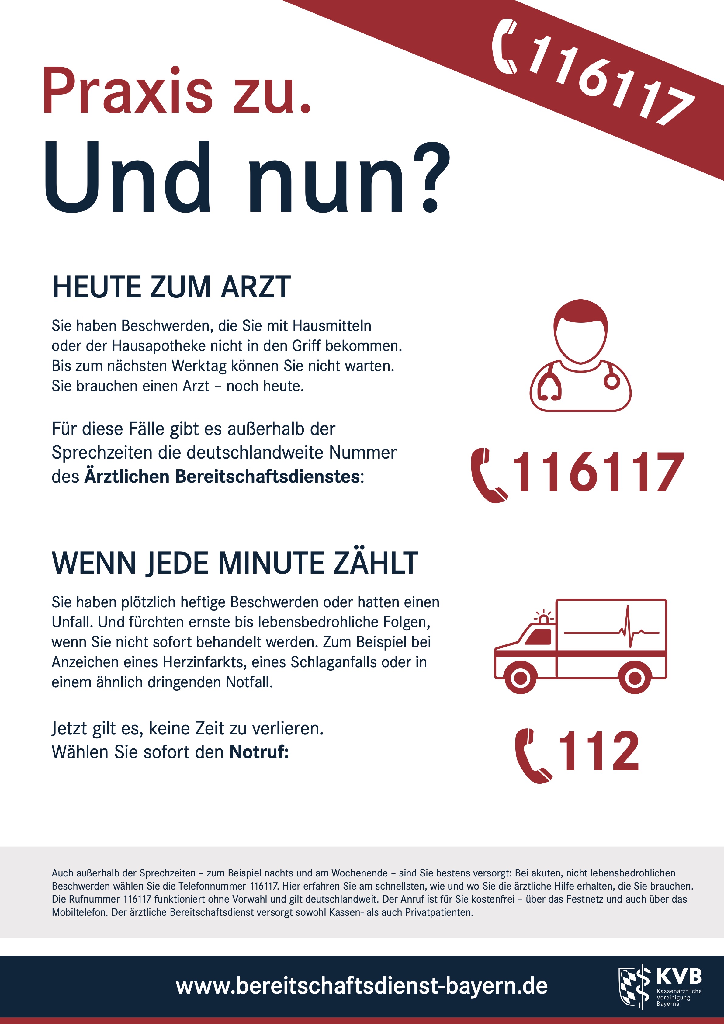 Die Infografik veranschaulicht: Praxis zu. Und nun? Heute zum Arzt: Bereitschaftsdienst unter Telefon 116117. Wenn jede Minute zählt: Notruf unter Telefon 112.